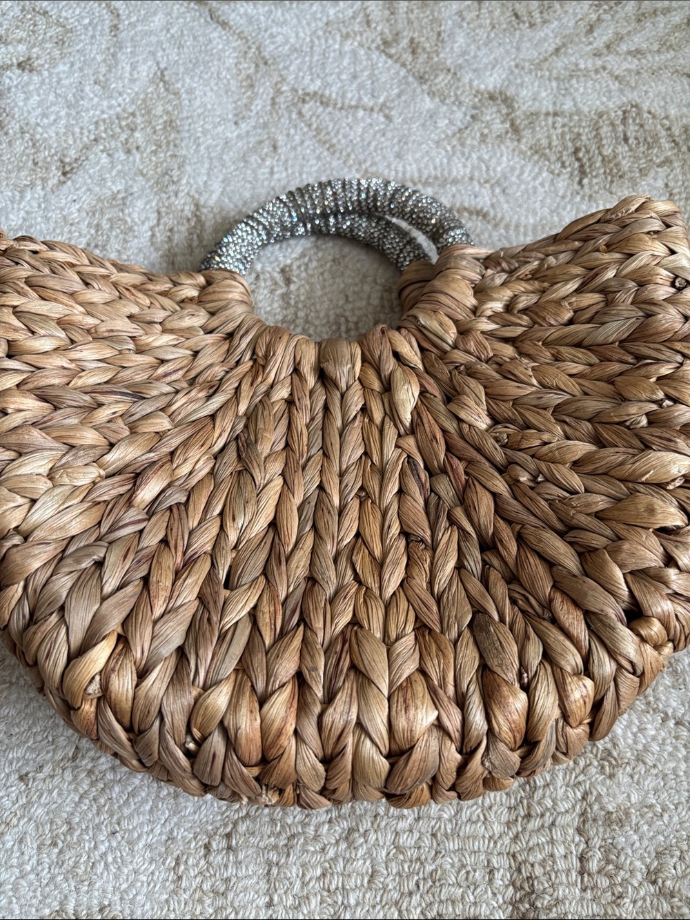 Woven Half-Moon Tote with Metallic Circular Handle Vegan Raffia - Picture 5 of 5